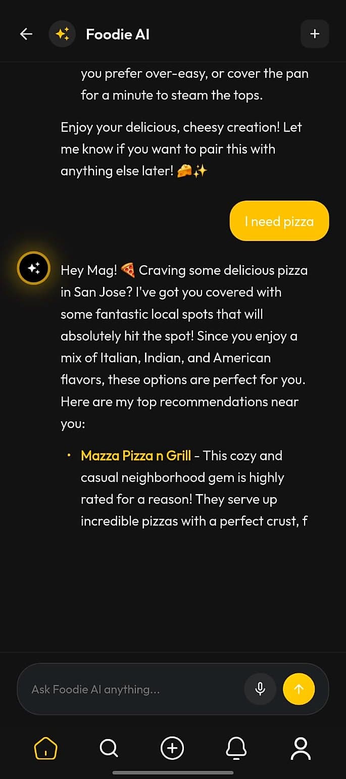 Foodie AI chat recommending pizza places in San Jose